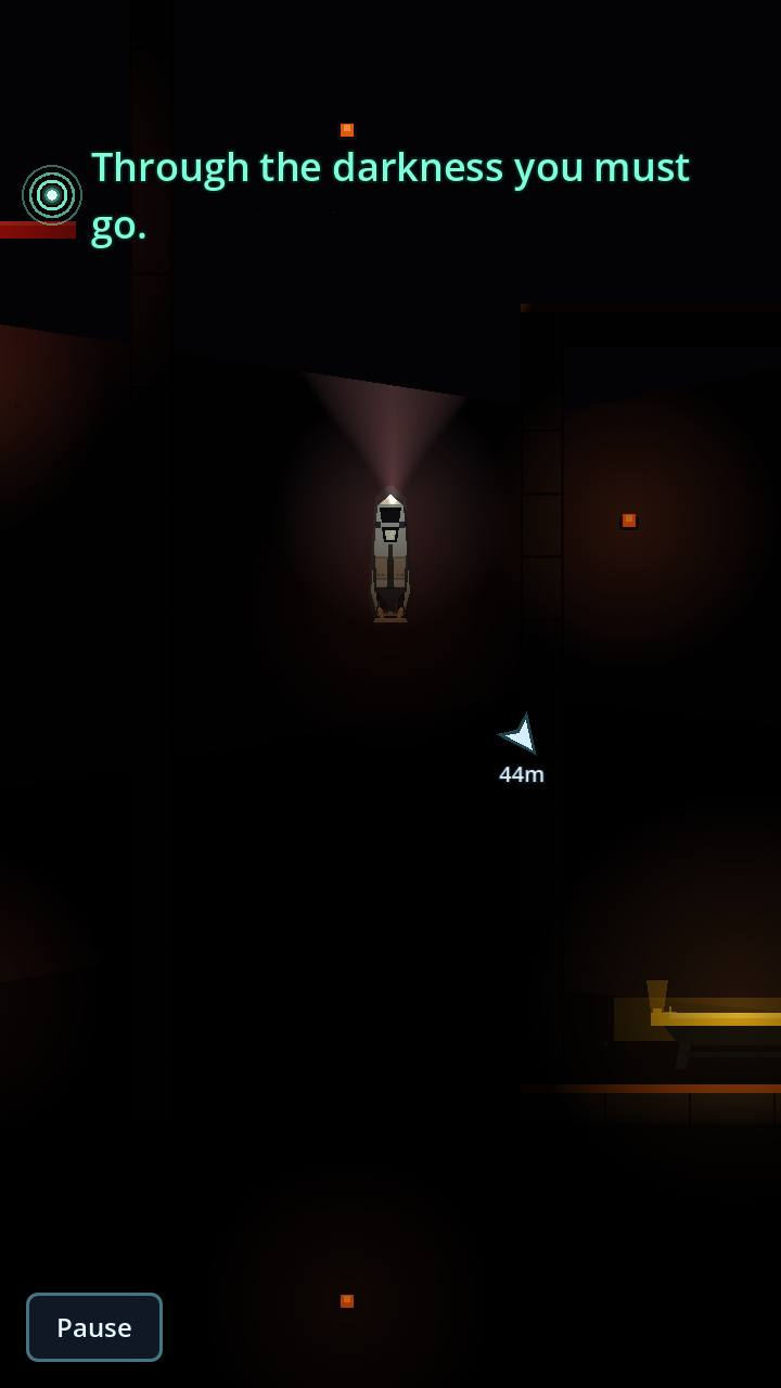 A headlight cone in a pitch-dark dungeon
