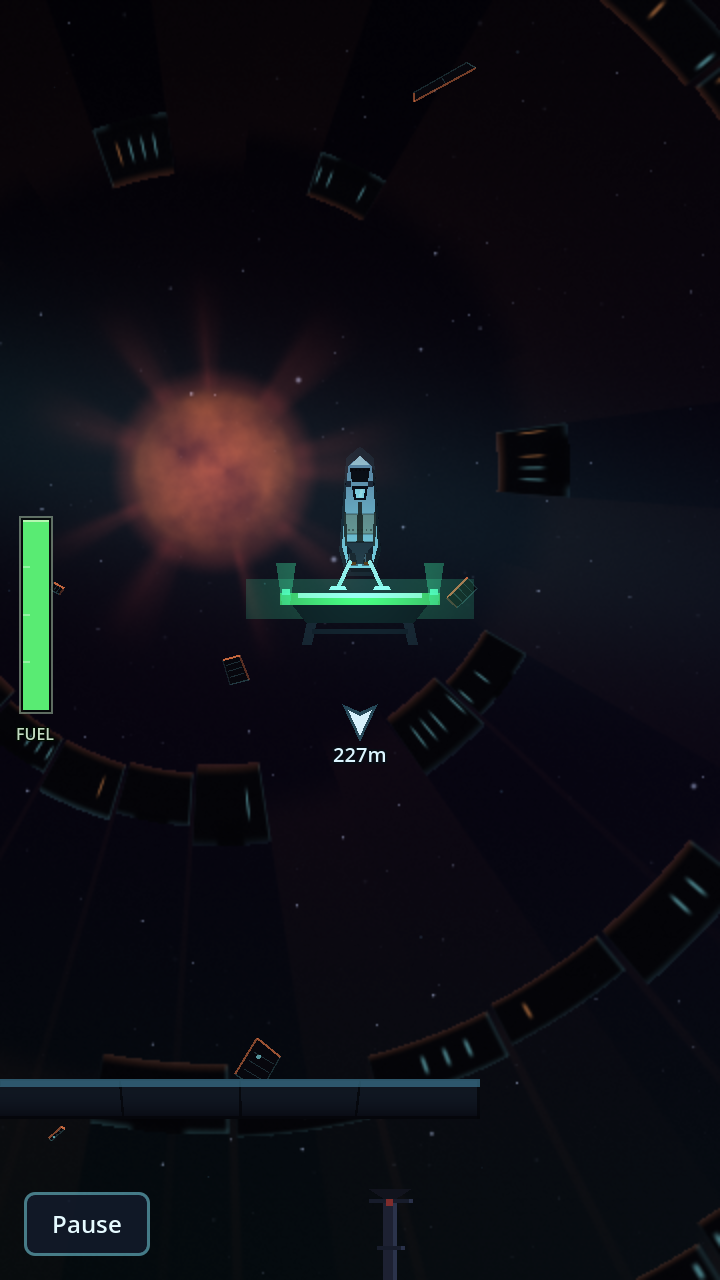 A dying red star behind a broken ring of wreckage